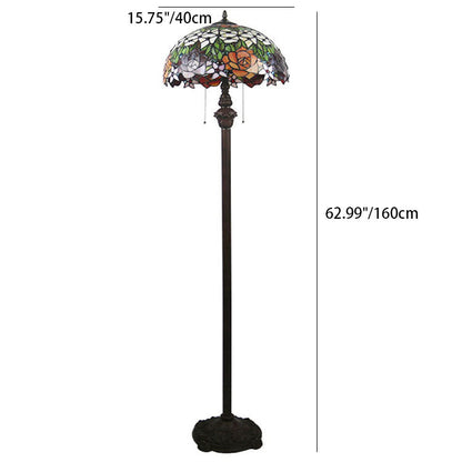 Traditional Tiffany Stained Glass Rose Flower Dome 2-Light Standing Floor Lamp For Bedroom