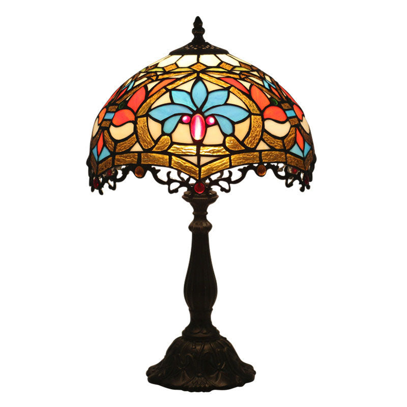 Traditional Tiffany Resin Zinc Alloy Glass Dome Bead 1-Light Table Lamp For Bedside
