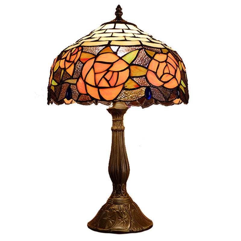 Traditional Tiffany Vintage Rose Stained Glass 1-Light Table Lamp For Study