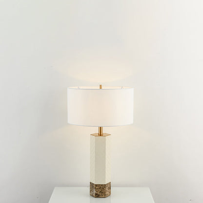 Modern Minimalist Hexagonal Column Round Marble Leather Fabric 1-Light Table Lamp For Bedroom