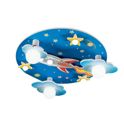 Modern Art Deco Kids Wood Plastic Round Rocket Starry Sky LED Flush Mount Ceiling Light For Bedroom
