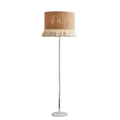 Contemporary Boho Hemp Rope Weaving Cylinder Cotton Tassel 1-Light Standing Floor Lamp For Home Office