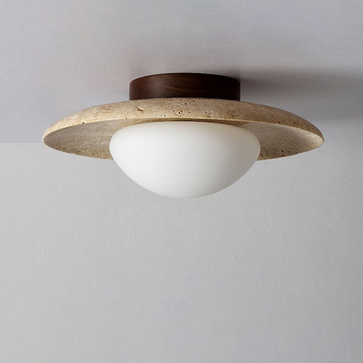 Traditional Vintage Round Travertine 1-Light Flush Mount Ceiling Light For Hallway