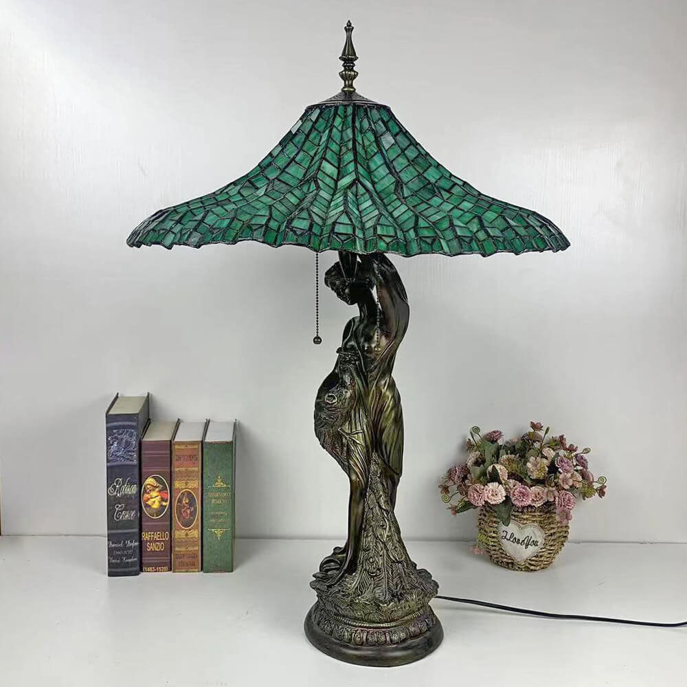 Traditional Tiffany Umbrella Goddess Copper Stained Glass 3-Light Table Lamp For Bedroom