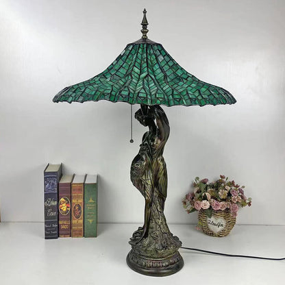 Traditional Tiffany Umbrella Goddess Copper Stained Glass 3-Light Table Lamp For Bedroom