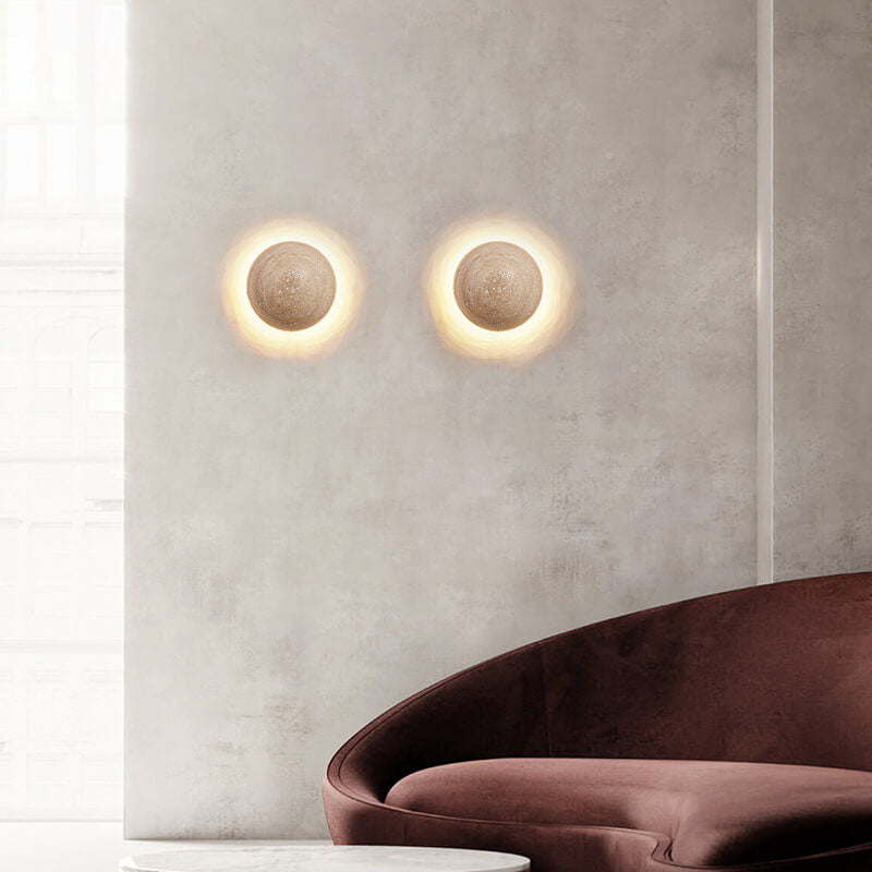 Japanese Minimalist Round Yellow Travertine Wabi-Sabi LED Wall Sconce Lamp