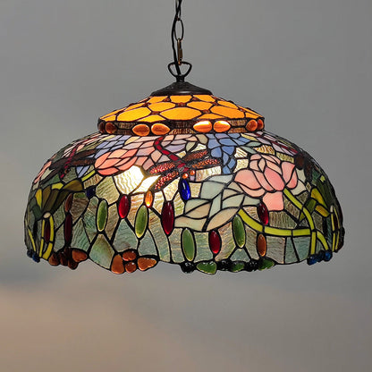 European Style Tiffany Dome Stained Glass Dragonfly Flower 2-Light Chandelier
