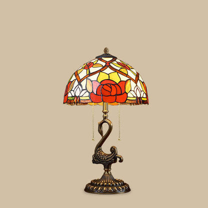 European Luxury Stained Glass Swan Base Copper 2-Light Table Lamp