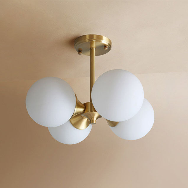 European Vintage Minimal Round Ball All Brass Glass 4-Light Semi-Flush Mount Light