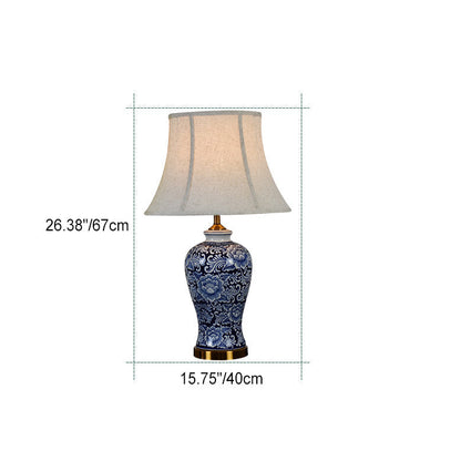 Traditional Chinese Fabric Shade Hand-Painted Celadon Base 1-Light Table Lamp For Living Room