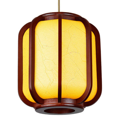 Modern Chinese Faux Sheepskin Wooden Lantern 1-Light Pendant Light