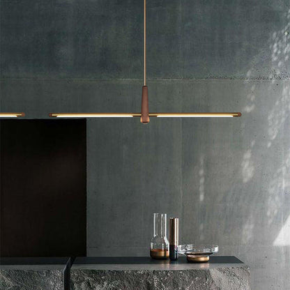 Contemporary Scandinavian Copper Brass Wood Strip LED Kitchen Island Light Chandelier For Dining Room