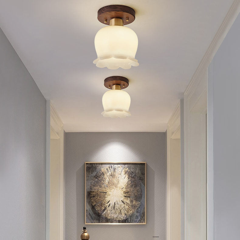 Modern Minimalist Bellflower Walnut Resin 1-Light Semi-Flush Mount Ceiling Light