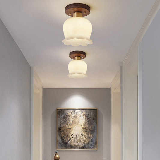 Modern Minimalist Bellflower Walnut Resin 1-Light Semi-Flush Mount Ceiling Light