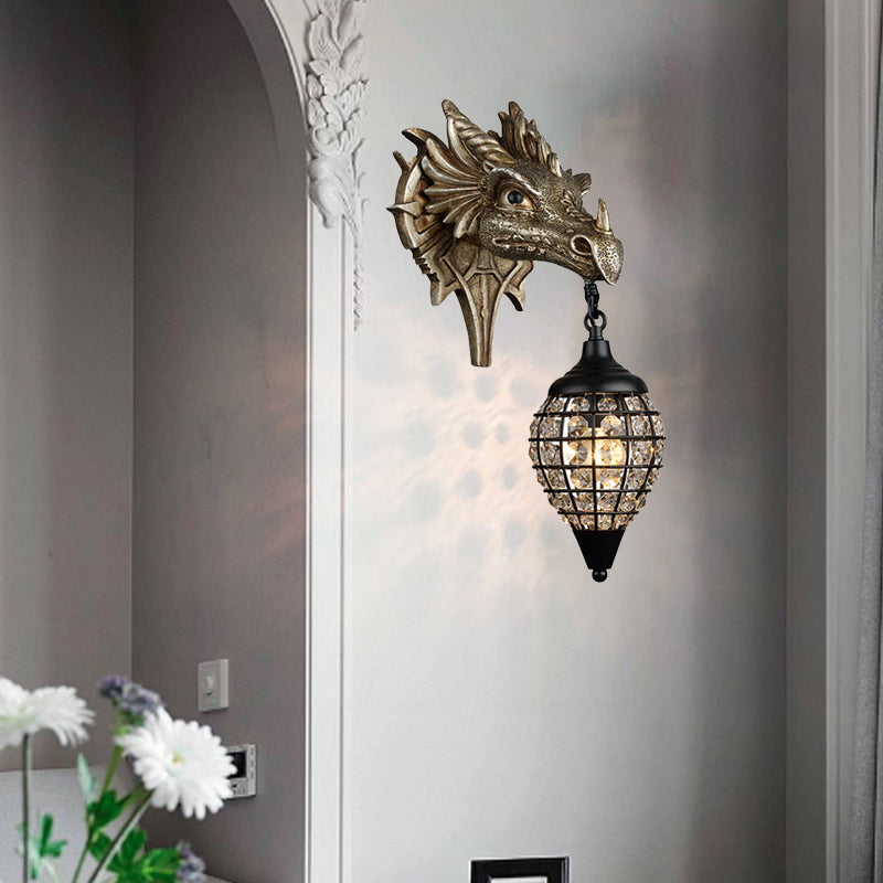 Traditional European Dragon Crystal Iron Resin 1-Light Wall Sconce Lamp For Living Room