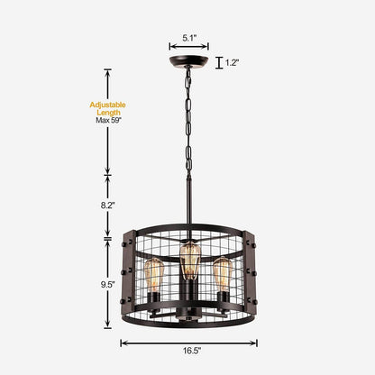 Industrial Vintage Iron Drum Shape 3-Light Chandelier