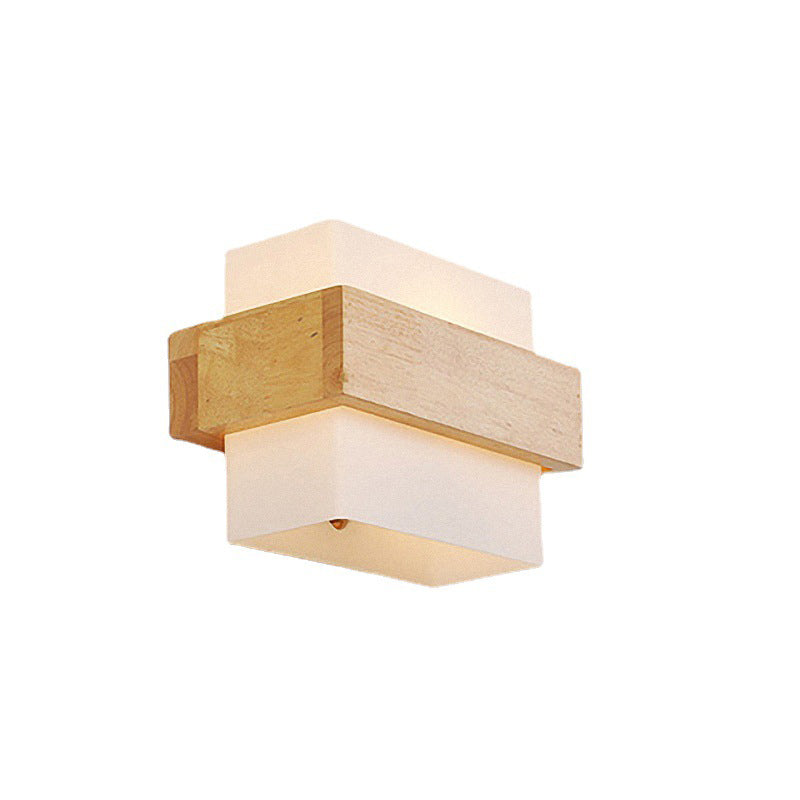 Traditional Farmhouse Wood Glass Cubic 1-Light Wall Sconce Lamp For Bedside