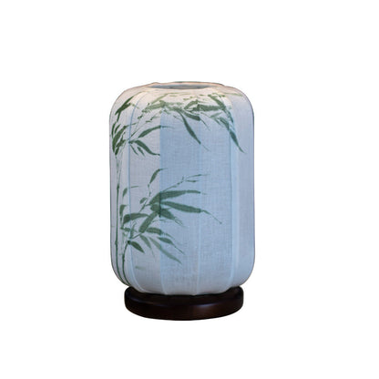 Traditional Chinese Wood Cotton Hemp Cylinder Bamboo Leaf 1-Light Table Lamp For Bedside