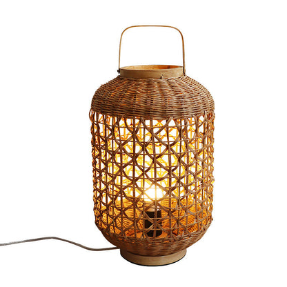 Traditional Vintage Cylinder Lantern Bamboo Rattan 1-Light Table Lamp For Living Room
