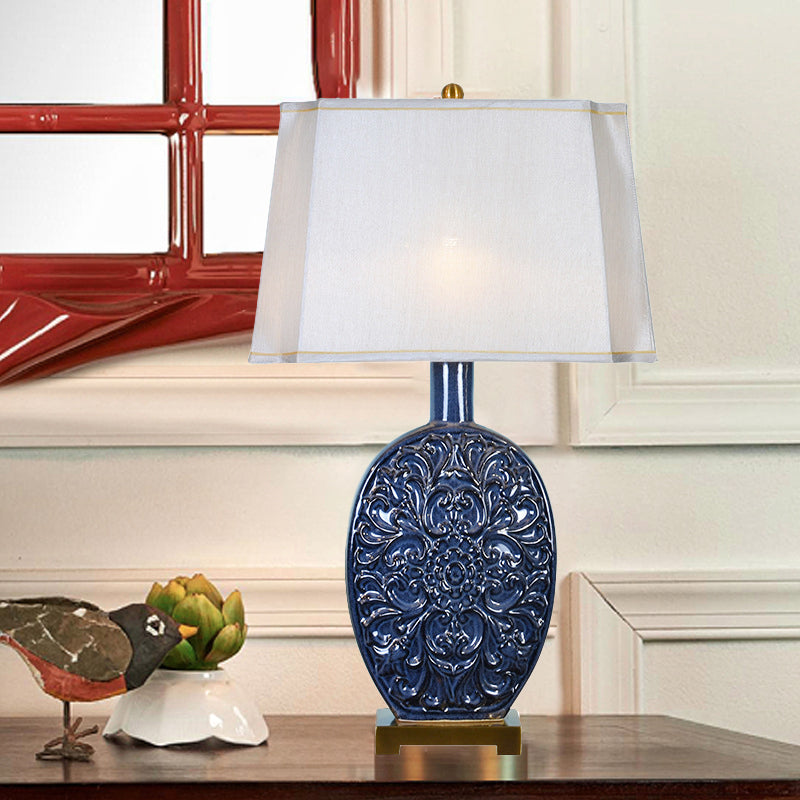Traditional Chinese Oval Ceramic Fabric Lampshade Copper Base 1-Light Table Lamp For Living Room
