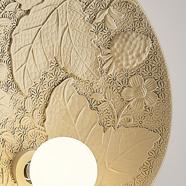 Traditional Vintage Carved Round Disc Resin 1-Light Wall Sconce Lamp For Bedroom