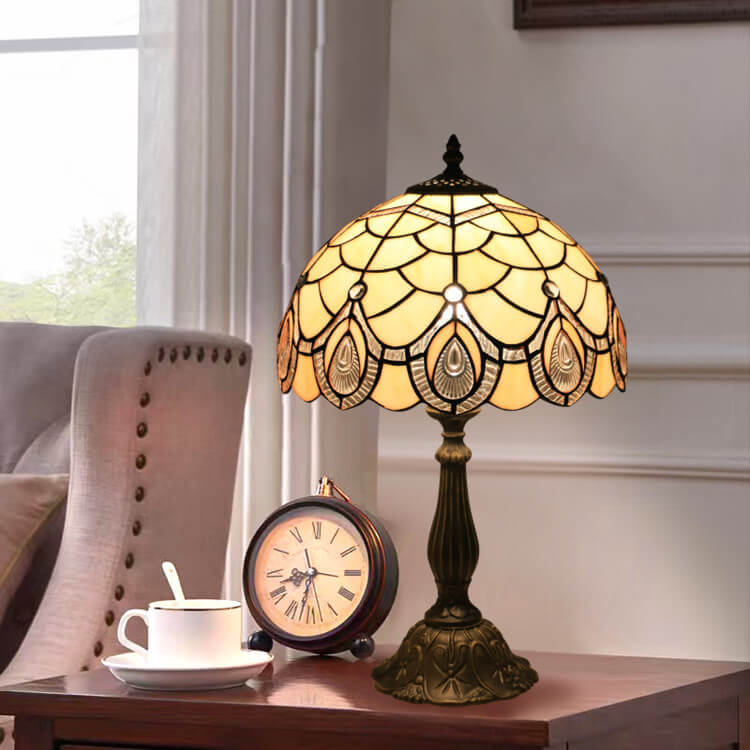 Tiffany Retro Lotus Resin Base Stained Glass 1-Light Table Lamp