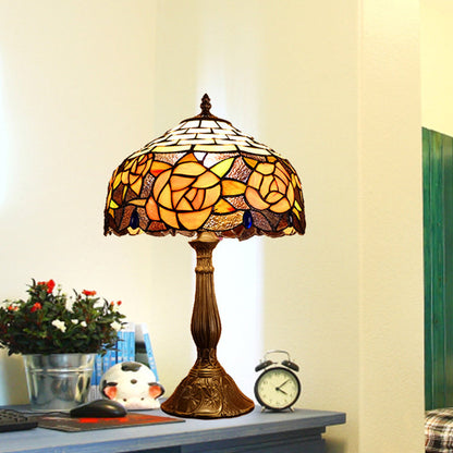 Traditional Tiffany Vintage Rose Stained Glass 1-Light Table Lamp For Study