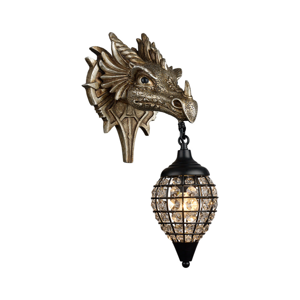 Traditional European Dragon Crystal Iron Resin 1-Light Wall Sconce Lamp For Living Room