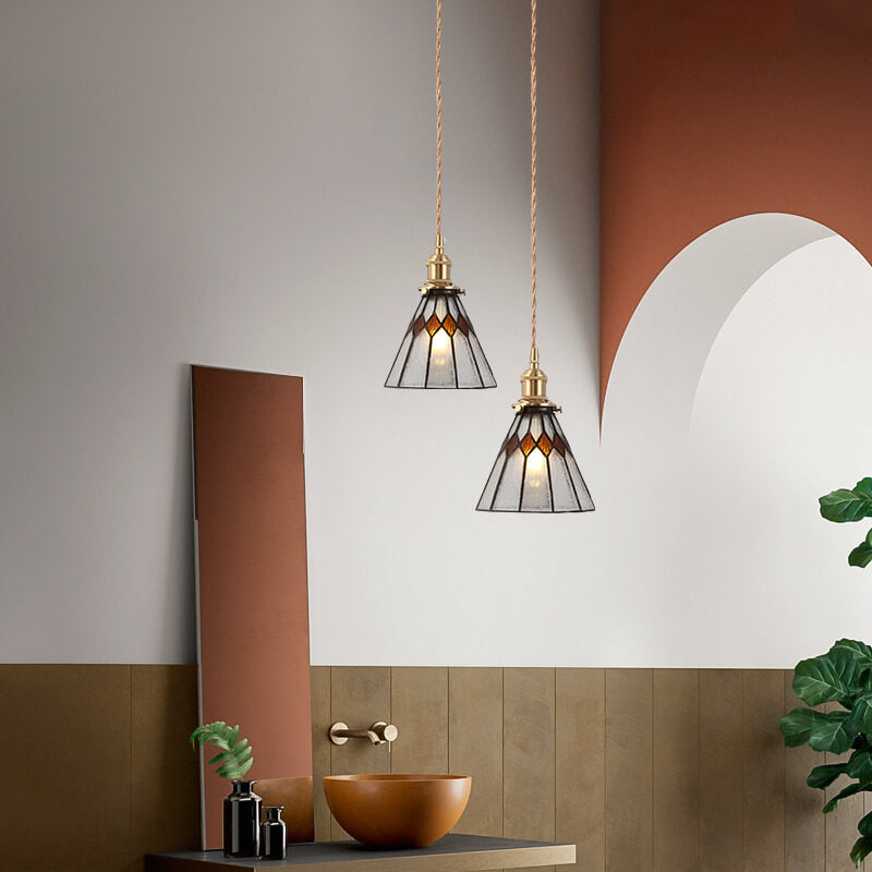 Japanese Vintage Brass Stained Glass Cone 1-Light Pendant Light