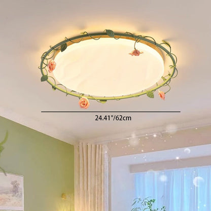 Contemporary Creative Round Square Rose Leaf Iron Rubberwood Acrylic LED Flush Mount Ceiling Light For Bedroom