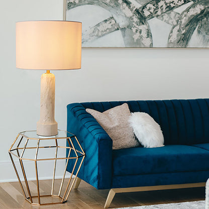 Modern Minimalist Cylindrical Rectangular Column Marble Metal Fabric 1-Light Table Lamp For Living Room