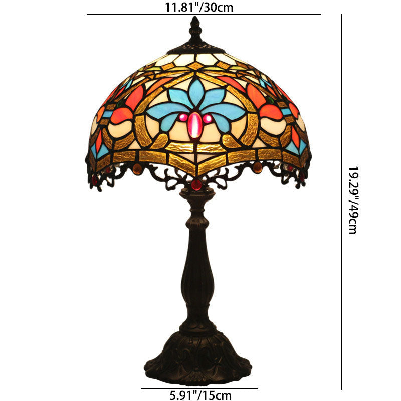 Traditional Tiffany Resin Zinc Alloy Glass Dome Bead 1-Light Table Lamp For Bedside