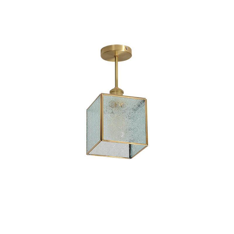 French Vintage Copper Gold Finish Frame Polygonal Glass 1-Light Semi-Flush Mount Ceiling Light