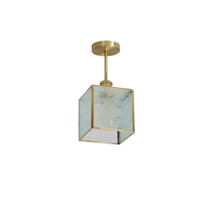 French Vintage Copper Gold Finish Frame Polygonal Glass 1-Light Semi-Flush Mount Ceiling Light