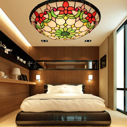 European Tiffany Flowers Stained Glass 3-Light Flush Mount Ceiling Light