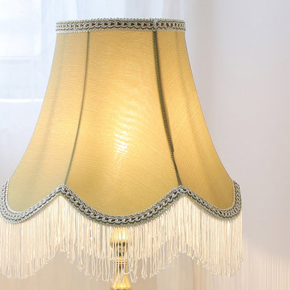Traditional Vintage Copper Fabric Cylinder Fringed Trapezoid 1-Light Table Lamp For Bedroom