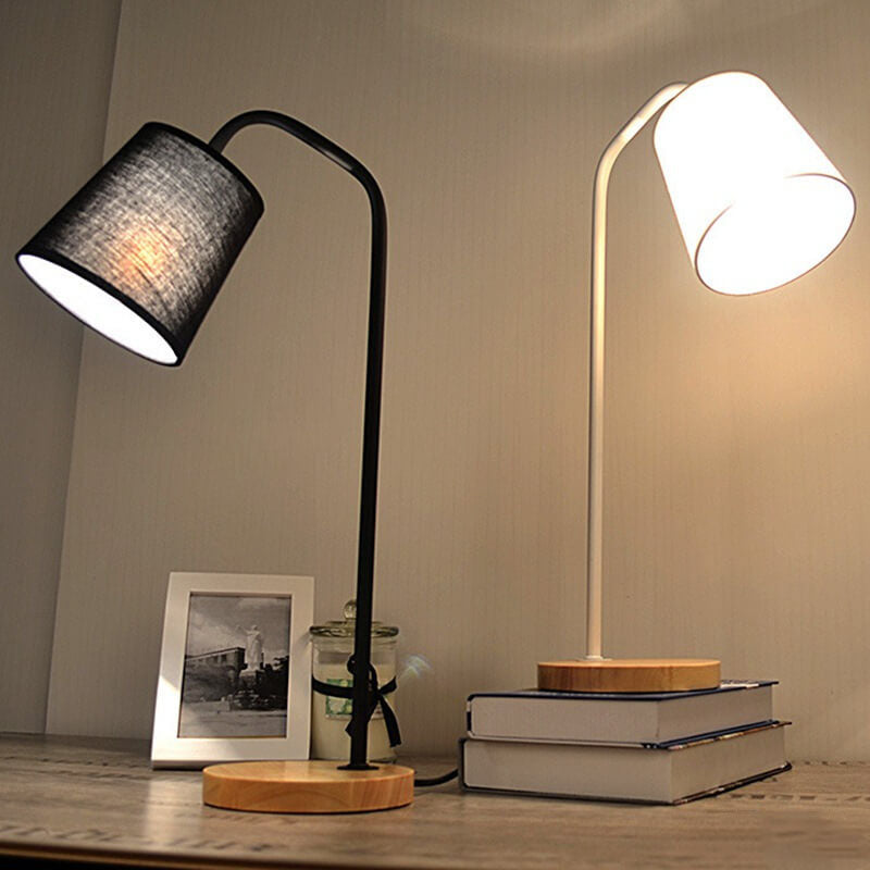 Simple Fabric Cone Shade Wood Base 1-Light Table Lamp