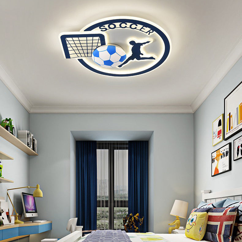 Contemporary Creative Kids Round Basketball Football Iron Acrylic LED Flush Mount Ceiling Light For Bedroom