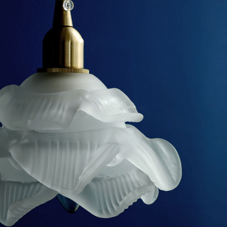 Modern Art Deco Brass Floral Glass Shade 1-Light Pendant Light For Bedroom
