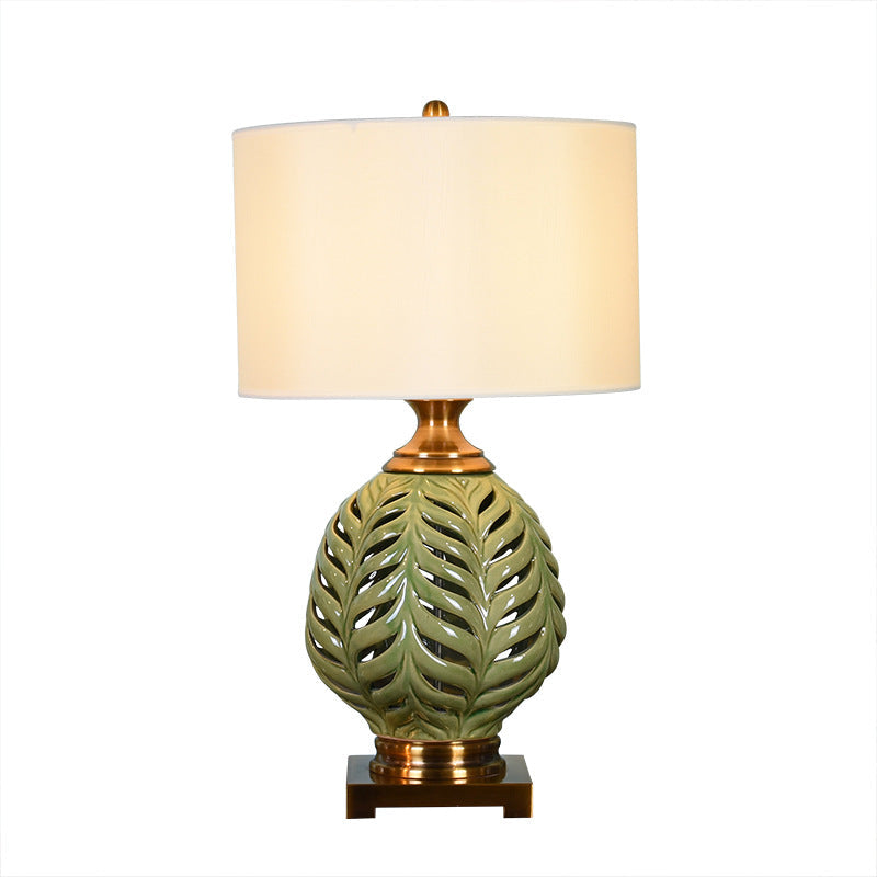Traditional Vintage Hollowed Out Leaves Vase Shaped Ceramic Copper Fabric 1-Light Table Lamp For Bedroom