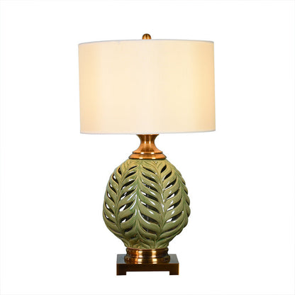 Traditional Vintage Hollowed Out Leaves Vase Shaped Ceramic Copper Fabric 1-Light Table Lamp For Bedroom