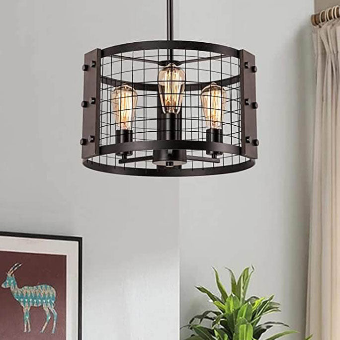Industrial Vintage Iron Drum Shape 3-Light Chandelier