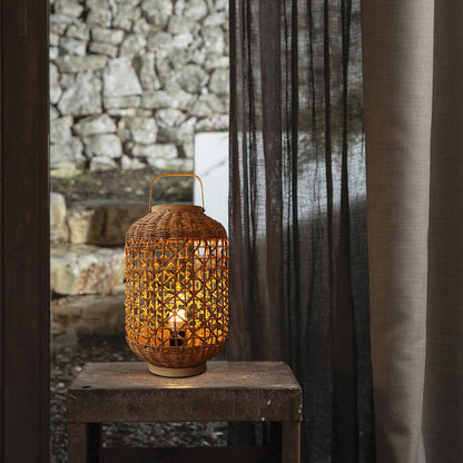 Traditional Vintage Cylinder Lantern Bamboo Rattan 1-Light Table Lamp For Living Room