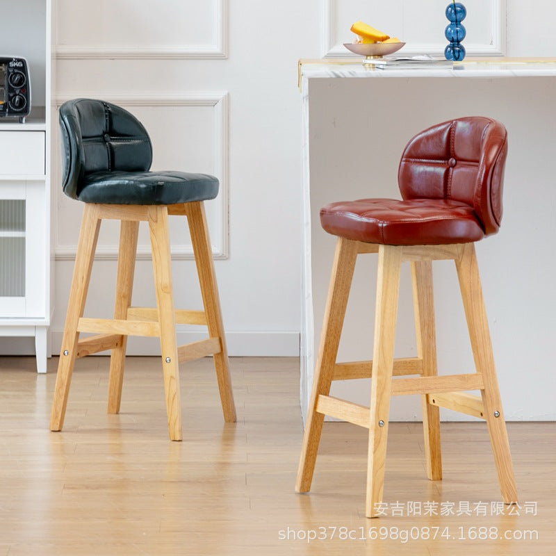 Modern Minimalist Square Wood Oiled Wax Leather Foam Bar Stool With Four Legs Backrest For Dining Room