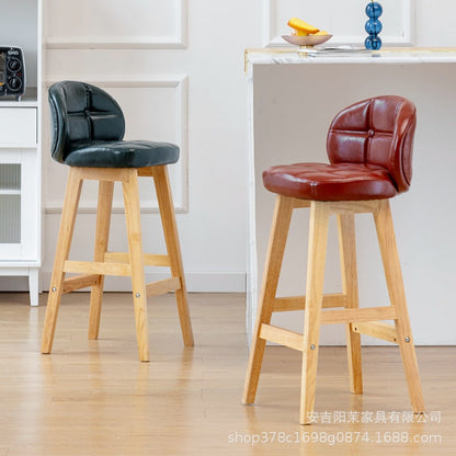 Modern Minimalist Square Wood Oiled Wax Leather Foam Bar Stool With Four Legs Backrest For Dining Room