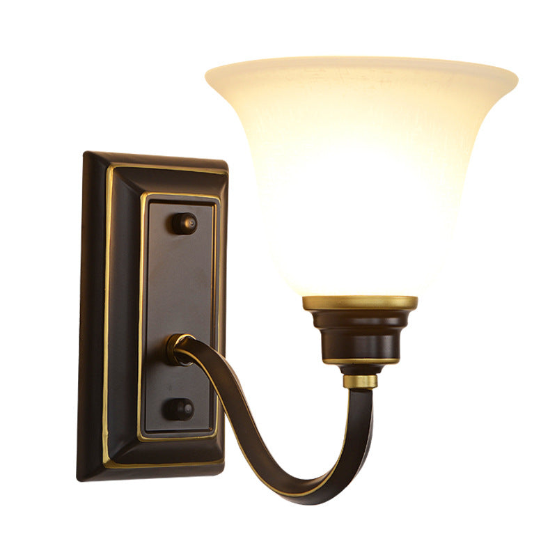 Traditional Rustic Floral Glass Shade Iron 1-Light Wall Sconce Lamp For Bedroom