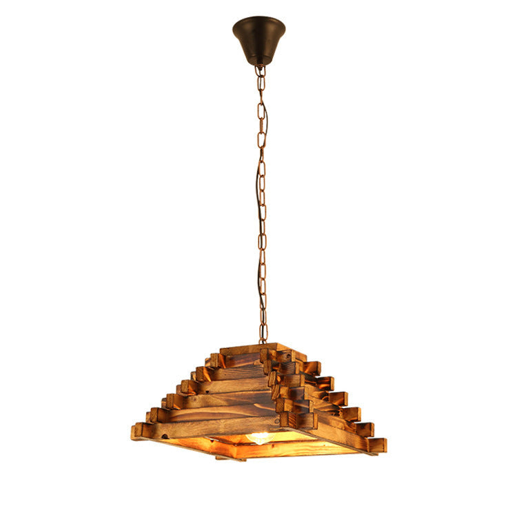 Traditional Rustic Wood Trapezoidal Shade Iron Chain 1-Light Pendant Light For Dining Room