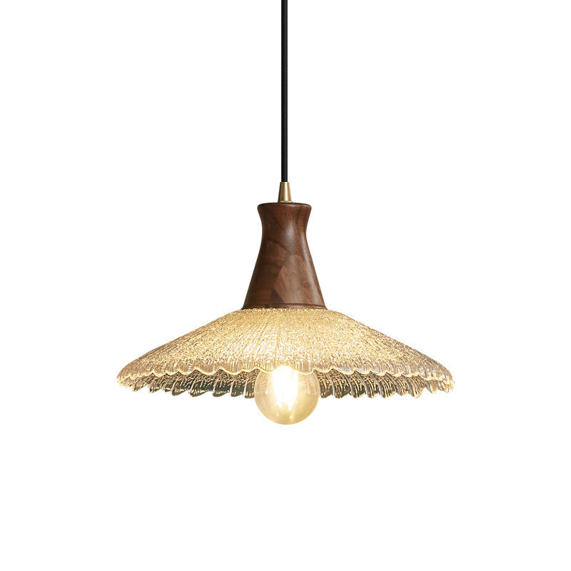 Traditional Japanese Brass Walnut Glass Round Ripple 1-Light Pendant Light For Dining Room