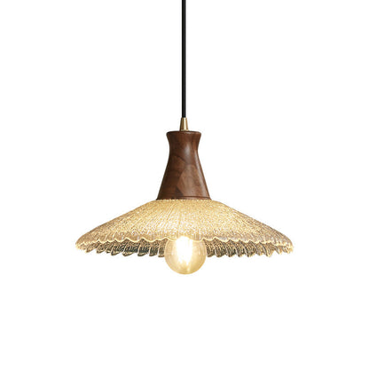 Traditional Japanese Brass Walnut Glass Round Ripple 1-Light Pendant Light For Dining Room