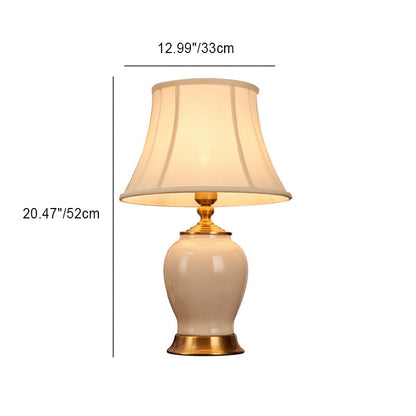 Traditional Chinese Fabric Round Shade Ceramics Vase Base 1-Light Table Lamp For Study